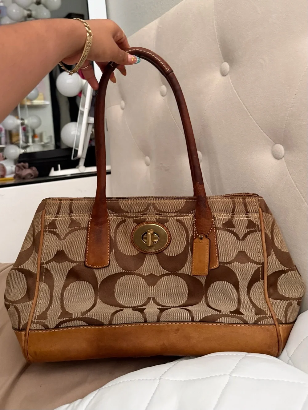 Coach Tan Leather Patch with Light Blue Lining